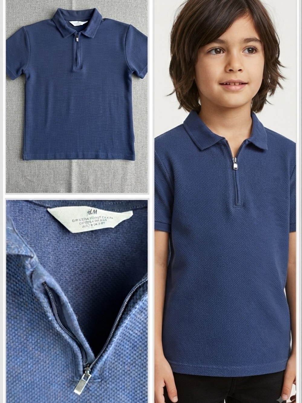 Kids H&M Polo Shirt Comfy Stretch 1/4 Zip 6X 7 S Navy Blue Short Sleeve Collar